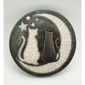 Jeremy Diller Raku Pottery Black & White Cats on the Moon Coaster 4.25” Signed